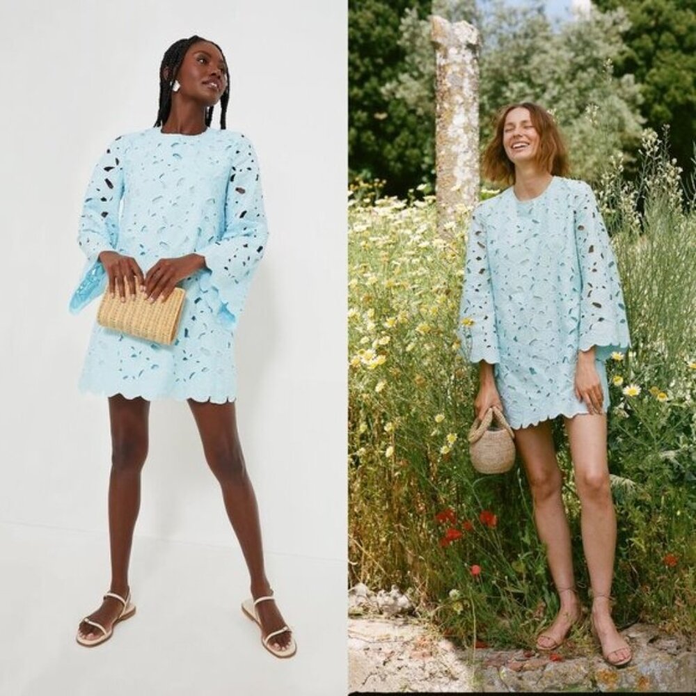 Tuckernuck NEW Aqua Floral Lace Camilla Long Flared Sleeve Mini Dress Size L - Picture 3 of 12